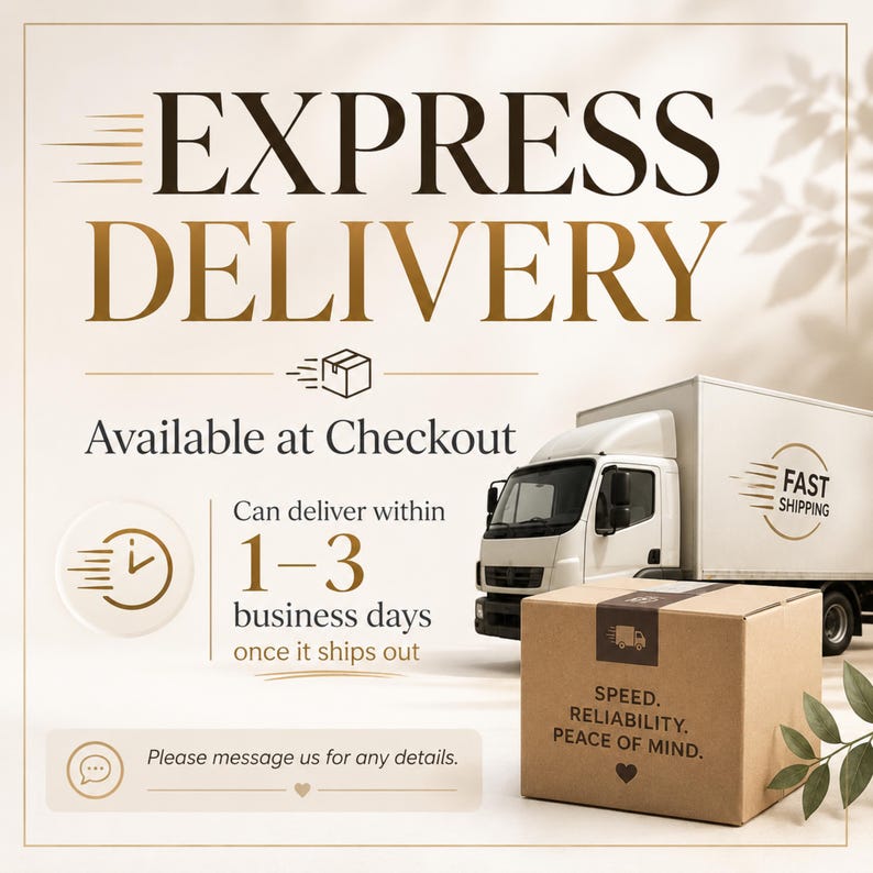 Puede incluir: Un gr&aacute;fico con el texto EXPRESS DELIVERY, Available at Checkout y Can deliver within 1-3 business days once it ships out. Se muestra un cami&oacute;n de reparto blanco y una caja de cart&oacute;n marr&oacute;n con el texto SPEED. RELIABILITY. PEACE OF MIND.