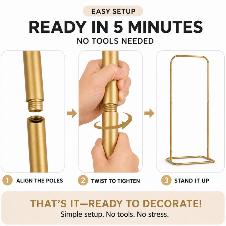 Puede incluir: Una gu&iacute;a de montaje para un soporte de arco de metal dorado con tres pasos: alinear los postes, girar para apretar y colocar de pie. El texto dice: EASY SETUP, READY IN 5 MINUTES, NO TOOLS NEEDED, THAT'S IT&mdash;READY TO DECORATE! Simple setup. No stress.