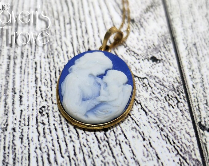 Vintage Blue Cameo Mother and Child Necklace Etsy