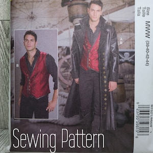 May include: Sewing pattern for a red and black vest with a black coat. The pattern is for sizes 38-40-42-44. The pattern is called "MWW".