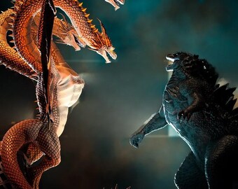 May include: Digital artwork showing a confrontation between Godzilla and a three-headed dragon. The dragon is a golden-brown hue, and Godzilla is dark grey. The background is a dark blue with a spotlight effect.