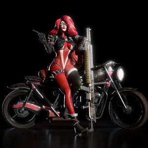 May include: A figurine of a woman in a red and white bodysuit, black boots, and a black jacket, holding a handgun and leaning on a motorcycle. The motorcycle is black and red with a large gun attached.