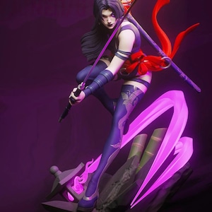 May include: A purple and red figurine of a female warrior in a dynamic pose, holding a sword. The figure is detailed with long black hair, purple clothing, and a red sash. The base features glowing purple accents.