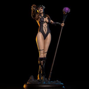 May include: A detailed figurine of a woman in a dark bodysuit, holding a staff with a purple orb. The figure has a crown and is posed on a snake-like base. The background is black.