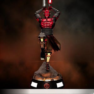 May include: A detailed figurine of Darth Maul from Star Wars, posed dynamically with a red and white lightsaber. The figure is predominantly red and black, standing on a rocky base with a glowing emblem. The overall design is highly detailed.