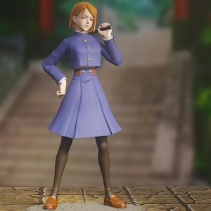 May include: A figurine of a character from the anime Jujutsu Kaisen. The figure is wearing a blue school uniform with gold buttons, a pleated skirt, and brown shoes. The character has short orange hair and is holding a black object.