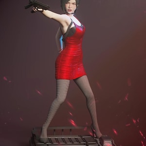 May include: A figurine of a woman in a red dress, holding a black handgun. She is standing on a dark platform, wearing gray patterned stockings and high heels. The background is a gradient of dark red and purple.