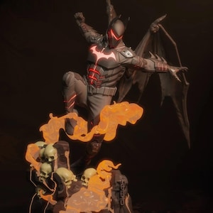 May include: A detailed figurine of a superhero in a dynamic pose, featuring a black and gray suit with red accents and a bat symbol. The figure has bat-like wings and is positioned above a base with skulls and orange flame effects. The overall theme is a comic book character.