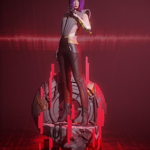 May include: A futuristic figure with purple hair and a metallic arm stands on a platform. The figure wears a gray top, black pants, and boots. The background is a deep red with vertical red lines, creating a dramatic, sci-fi aesthetic.