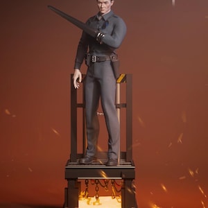 May include: A figurine of a person in a dark gray uniform, holding a sword. The figure stands on a black platform with gold accents and hanging chains. The background is a gradient of orange and brown.