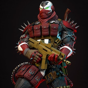 May include: A highly detailed action figure of a character wearing a white mask with green eyes, a red neck gaiter, and tactical gear. The figure features spiked shoulder pads, a tan rifle, multiple red utility pouches, and silver chains.