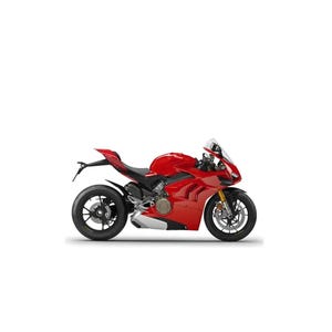 Puede incluir: Una motocicleta deportiva roja con detalles en negro y plata. La moto tiene un diseño elegante, con un carenado, un parabrisas y ruedas negras. El fondo es blanco.