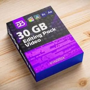 Può includere: Una scatola rettangolare con un design nero e viola, con l'etichetta "30 GB Editing Pack Video". La scatola presenta un logo con le lettere "DB" e icone per software di editing video. Il bordo inferiore è blu e il testo "@TEKNIATECH" è visibile.