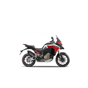 Peut inclure: Une moto rouge, noire et blanche avec un pare-brise. La moto a des pneus noirs et un moteur argenté. Le design comprend un carénage avant rouge et une selle noire. La moto est sur fond blanc.