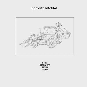 Puede incluir: Un manual de servicio para equipos Case Construction. La portada presenta el logotipo de Case Construction y las palabras "SERVICE MANUAL". El manual incluye un dibujo lineal de una retroexcavadora y los números de modelo 580N, 580SN WT, 580SN y 590SN.