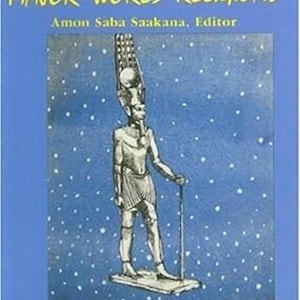 May include: A book cover titled "African Origins of the Major World Religions" by Amon Saba Saakana. The image shows a drawing of a figure with a tall headdress and staff, set against a blue backdrop with white dots.