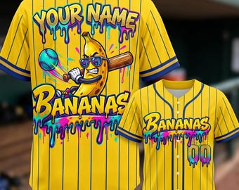 Custom Banana Baseball Jersey, Personalized Bananas Shirt, Funny Yellow Dripping Pinstripe Jersey