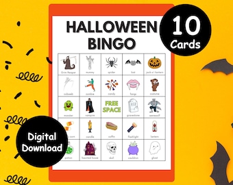 Juego de bingo de Halloween, 10 tarjetas espeluznantes, fiesta infantil (descarga digital)