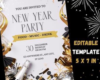 Plantilla de invitación para fiesta de Año Nuevo (Canva, editable, beige y negro) para imprimir (5x7)