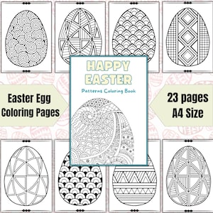 Könnte beinhalten: Eine Sammlung von schwarz-weißen Osterei-Designs zum Ausmalen. Die Designs umfassen geometrische Muster, Wirbel und andere dekorative Elemente. Auf dem Cover steht "Happy Easter Patterns Coloring Book". Das Buch hat 23 Seiten und ist im A4-Format.