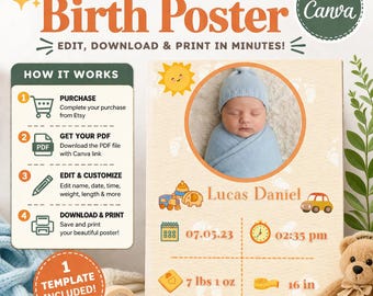 Baby Birth Info Print | New Born Announcement Poster | Nursery Digital Gift | A4, A2, 8x10