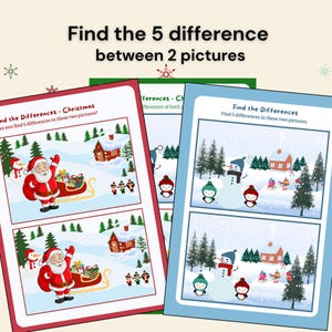 May include: Three Christmas-themed activity sheets. The sheets feature illustrations of Santa Claus, snowmen, and winter scenes. The text on the sheets reads "Find the 5 differences between 2 pictures."