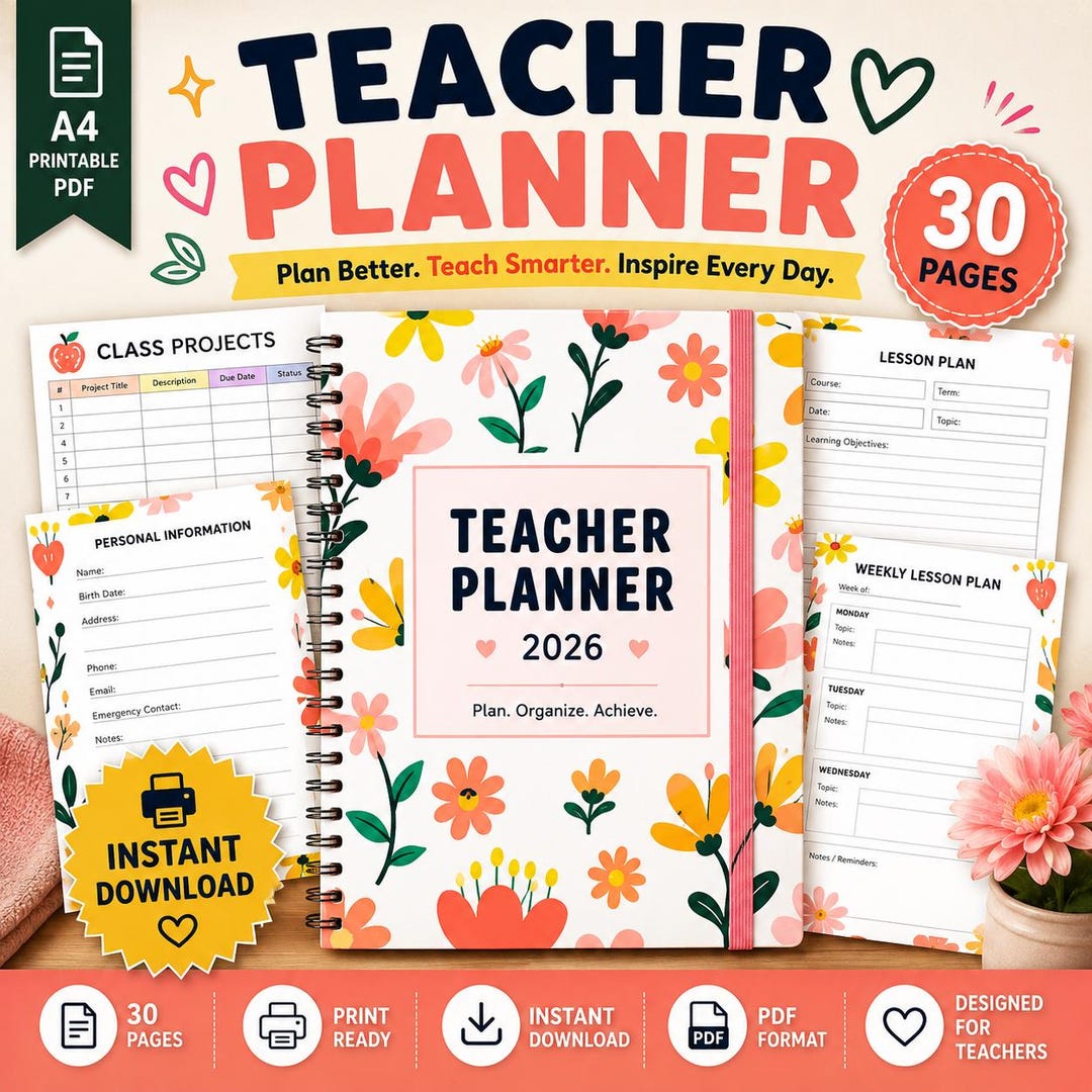 2026 Teacher Planner Printable | Floral Lesson Plans, Attendance ...