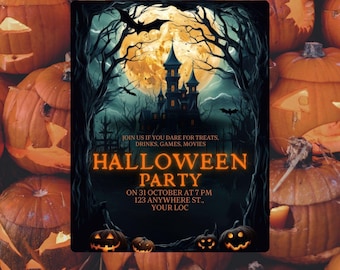 May include: A Halloween party invitation with a spooky castle, bats, and a full moon. The text reads "Halloween Party" and includes the date, time, and location. The background features carved pumpkins.
