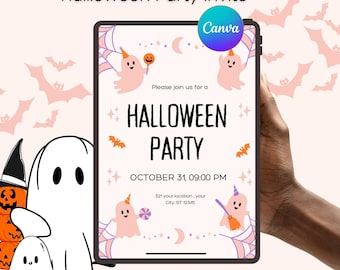 Puede incluir: Invitación digital para una fiesta de Halloween en una tableta, sostenida por una mano. La invitación presenta fantasmas, murciélagos y el texto "HALLOWEEN PARTY" con la fecha y hora. El fondo es rosa claro con siluetas de murciélagos.