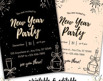 Plantilla de invitación para fiesta de Año Nuevo (editable e imprimible, 5 x 7 pulgadas), color negro y beige.