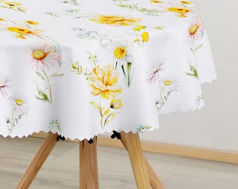 Mantel redondo impermeable con flores de primavera en blanco