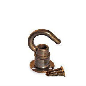 Può includere: Un gancio da soffitto color bronzo con un gancio curvo e una base circolare. Due viti in bronzo sono posizionate vicino alla base. Il gancio è progettato per appendere oggetti. La finitura ha un aspetto vintage.