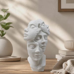 Puede incluir: Una escultura blanca que presenta múltiples rostros humanos superpuestos integrados en una sola forma de cabeza. El acabado mate resalta los rasgos faciales en capas, incluyendo ojos cerrados, narices y labios, creando una estructura compleja y multidimensional.