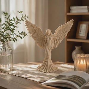 Peut inclure: Une figurine couleur crème représentant un ange debout avec de grandes ailes emplumées détaillées déployées. La silhouette porte une longue robe fluide avec des plis verticaux s'étendant jusqu'à la base. La sculpture a une finition mate lisse.