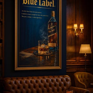May include: A framed advertisement for "Blue Label" whiskey, featuring a bottle and a glass of whiskey with ice. The image is set in a dimly lit, luxurious room with a leather sofa and a small table.