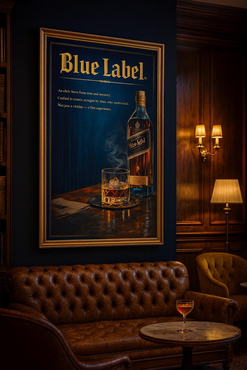 May include: A framed advertisement for "Blue Label" whiskey, featuring a bottle and a glass of whiskey with ice. The image is set in a dimly lit, luxurious room with a leather sofa and a small table.