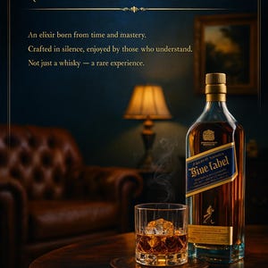 May include: A bottle of Blue Label whisky with a glass of whisky and ice on a wooden table. The bottle has a blue label and gold accents. The text "Blue Label" is at the top of the image.