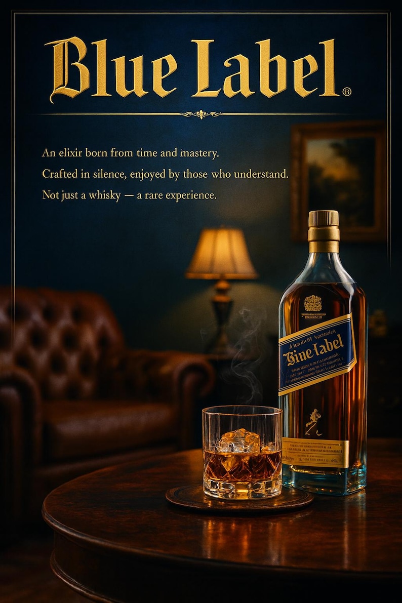 May include: A bottle of Blue Label whisky with a glass of whisky and ice on a wooden table. The bottle has a blue label and gold accents. The text "Blue Label" is at the top of the image.