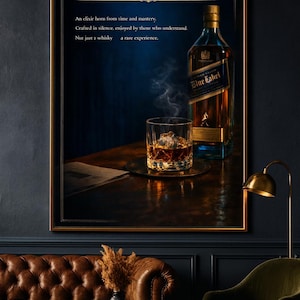 Puede incluir: Un anuncio enmarcado de whisky Blue Label. La imagen presenta una botella y un vaso de whisky con hielo, con el texto "Blue Label" en la parte superior. El texto de abajo dice: "Un elixir nacido del tiempo y la maestría, elaborado en silencio, disfrutado por quienes entienden. No solo un whisky, una experiencia rara."