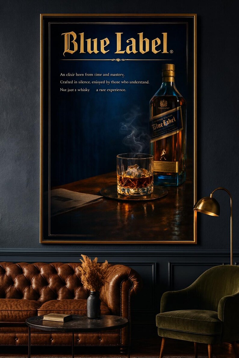 May include: A framed advertisement for Blue Label whisky. The image features a bottle and a glass of whisky with ice, with the text "Blue Label" at the top. The text below reads "An elixir born from time and mastery, Crafted in silence, enjoyed by those who understand. Not just a whisky, a rare experience."