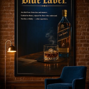 May include: A framed advertisement for "Blue Label" whisky, featuring a bottle and a glass of whisky with ice. The image includes text: "An elixir benz from time and mastery." A blue armchair and a floor lamp are also visible.
