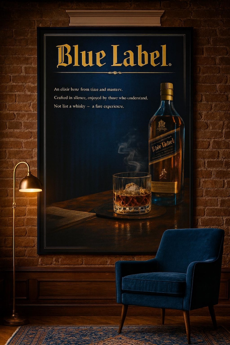 May include: A framed advertisement for "Blue Label" whisky, featuring a bottle and a glass of whisky with ice. The image includes text: "An elixir benz from time and mastery." A blue armchair and a floor lamp are also visible.