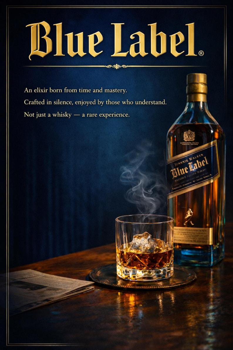 May include: An advertisement for Johnnie Walker Blue Label whisky. A bottle and a glass of whisky with ice sit on a table. The text "Blue Label" is at the top, with text below describing the whisky.