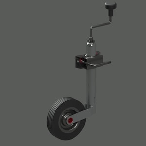 Puede incluir: Un gato de remolque plateado con una rueda negra y una manivela. El gato tiene un cilindro vertical con una rueda unida a un brazo giratorio. Se ve un asa y un pequeño componente rojo.