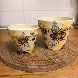 May include: Two cream-coloured terracotta plant pots of different sizes, both decorated with a repeating pattern of black and yellow honeybees and yellow honeycomb shapes. The pots have a wide rim and a tapered base, featuring a smooth finish.
