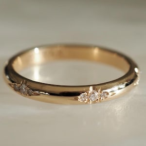 Könnte beinhalten: Ein goldener Ring mit polierter Oberfläche. Der Ring ist mit kleinen, funkelnden Edelsteinen in einem Cluster-Design besetzt. Das Band ist glatt und abgerundet und reflektiert das Licht. Ein zartes Schmuckstück.