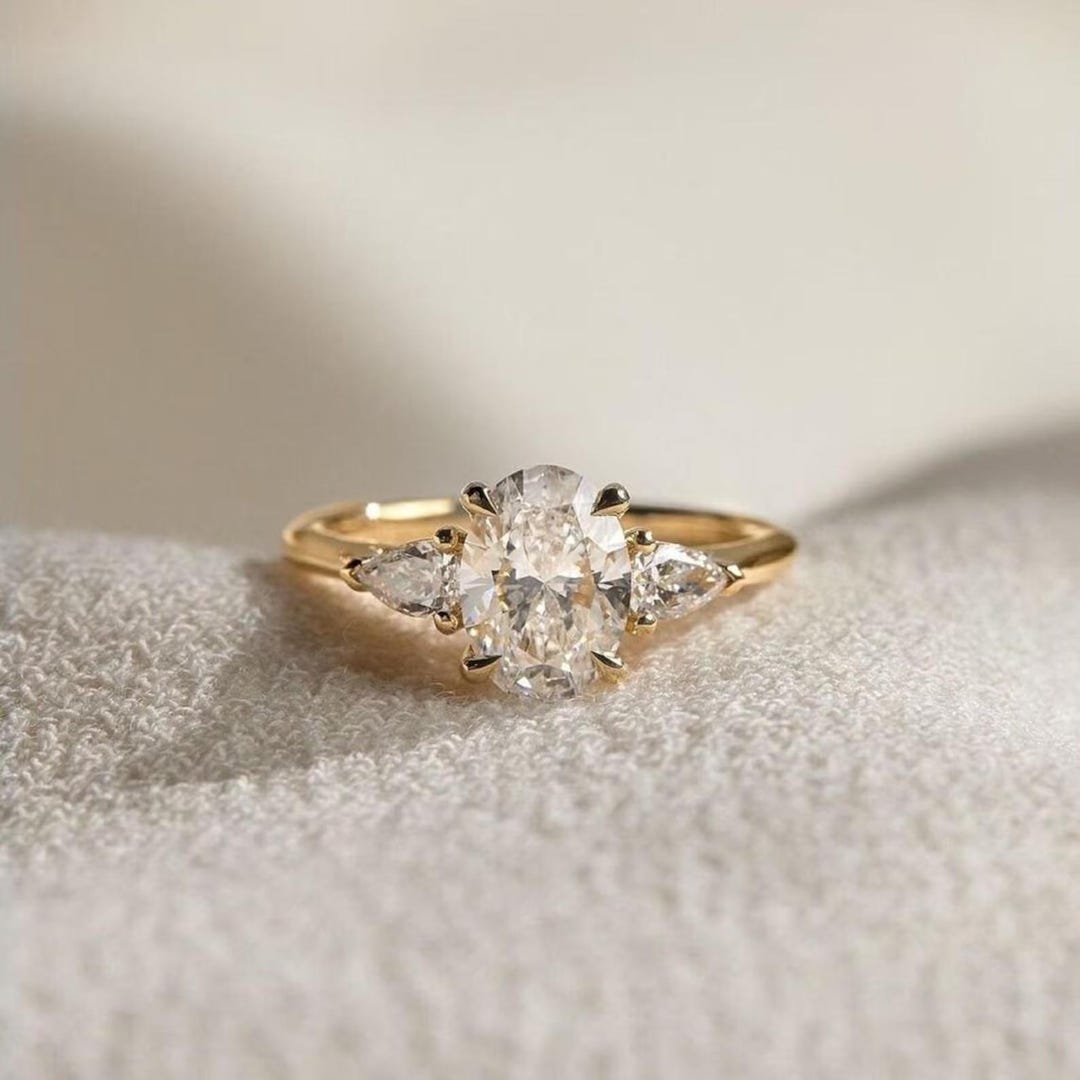 Oval Cut Moissanite Engagement Ring in 14k Solid Gold, Three Stone Pear ...