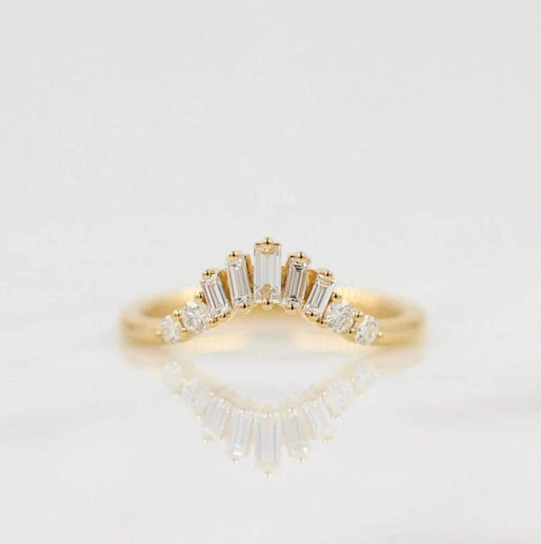 Sunburst Stacking Ring, Curved Wedding Band, Minimalist Baguette Band ...