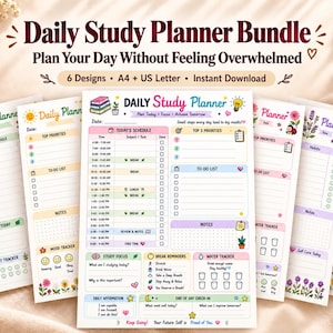 Può includere: Un set di pianificatori di studio giornalieri con sei modelli stampabili in formato A4 e US Letter. I fogli includono sezioni per orari, liste di cose da fare, tracker delle abitudini e idratazione, decorati con icone di fiori e piante.