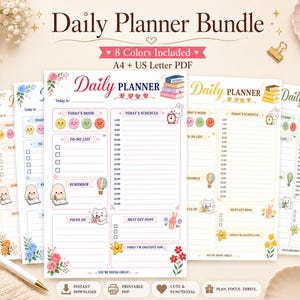 Puede incluir: Un paquete de planificadores diarios Daily Planner Bundle en 8 colores, formatos A4 y US Letter PDF. Cada página incluye secciones para el estado de ánimo, horario, lista de tareas, recordatorios y gratitud, decoradas con ilustraciones.